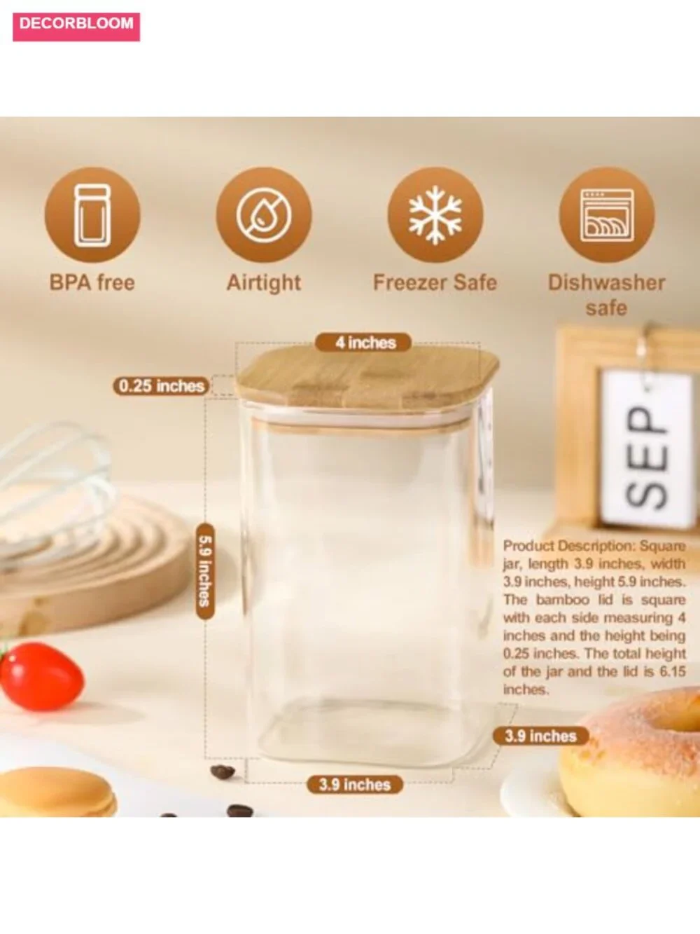 3-Pack Square Glass Containers with Bamboo Lids, Airtight Canister Set 32 oz